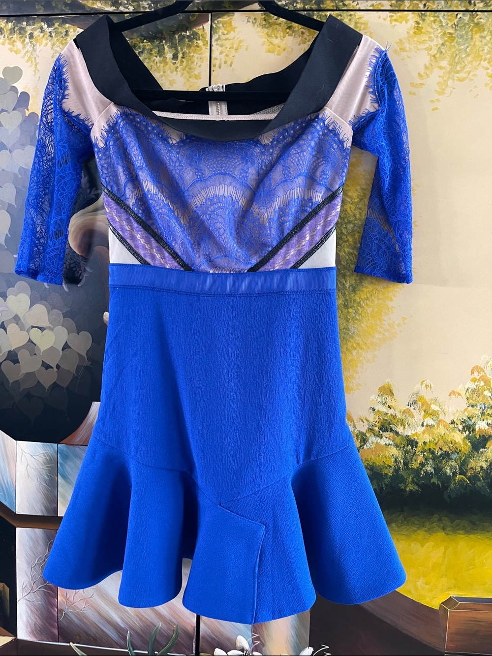 Three Floor Royal Blue Lace-Panel Fit & Flare Dress